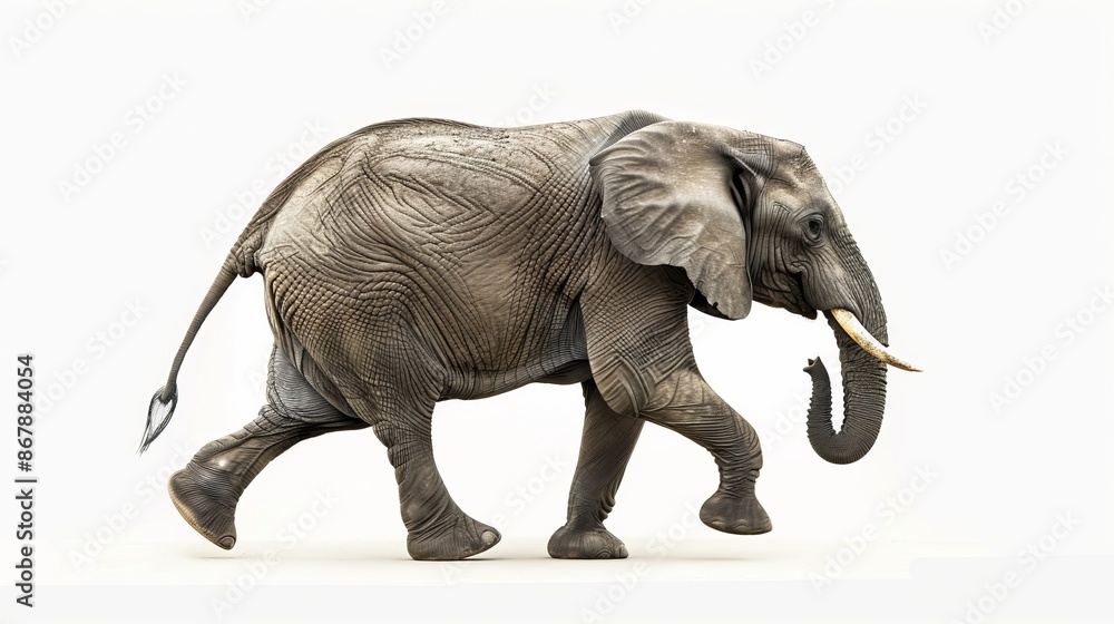 Obraz premium Majestic elephant walking. Side view of a giant African elephant moving gracefully. Realistic depiction with smooth details, suitable for wildlife themes and educational purposes. AI