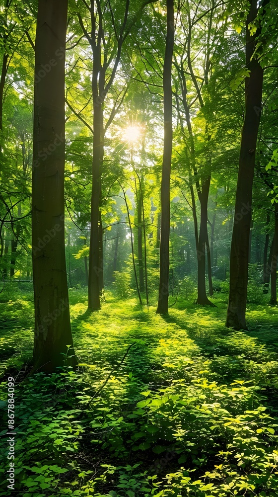 Fototapeta premium Sunlight penetrating the forest, sun, forest, sun reflections, trees