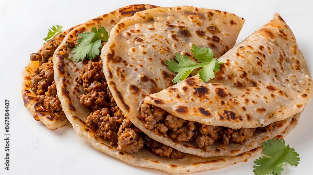 Savory keema paratha stuffed spiced ground meat served hot on a white background Savory keema paratha stuffed spiced ground meat served hot on a white background