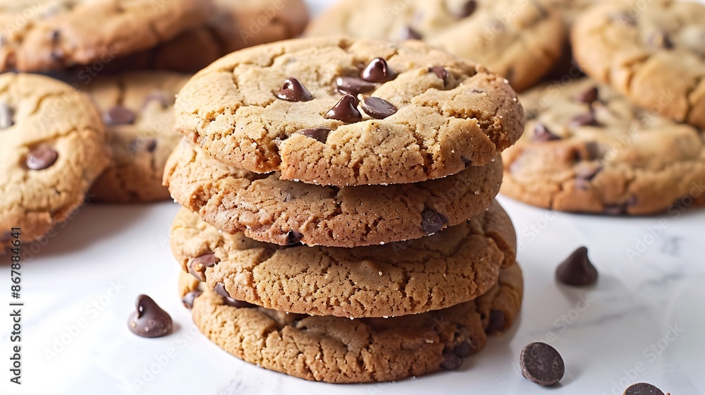 Soft chewy chocolate chip cookies stacked on a white background Soft chewy chocolate chip cookies stacked on a white background