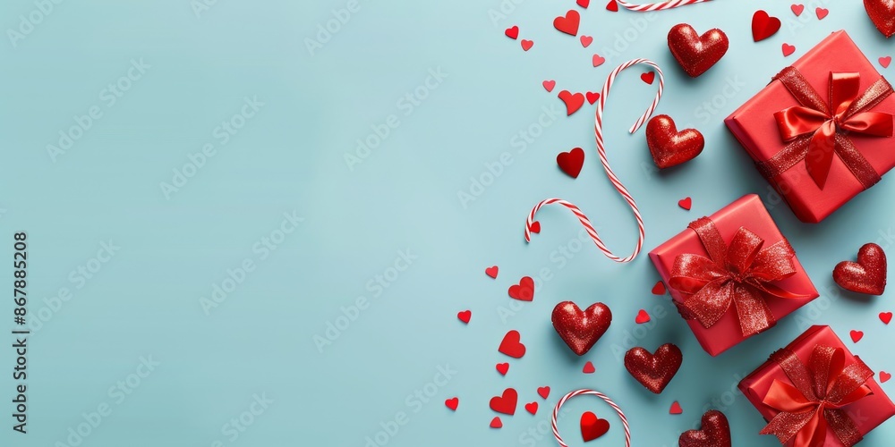 Red gifts, heart shapes, and ribbons on a pastel blue background. Red gifts, heart shapes, and ribbons on a pastel blue background.
