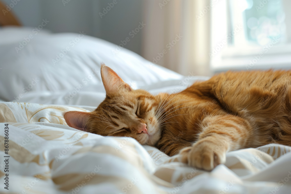 Ginger cat sleeping on a bed in soft light Ginger cat sleeping on a bed in soft light