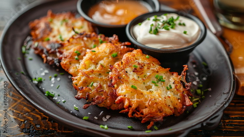 Traditional latkes served with sour cream and applesauce on a platter.