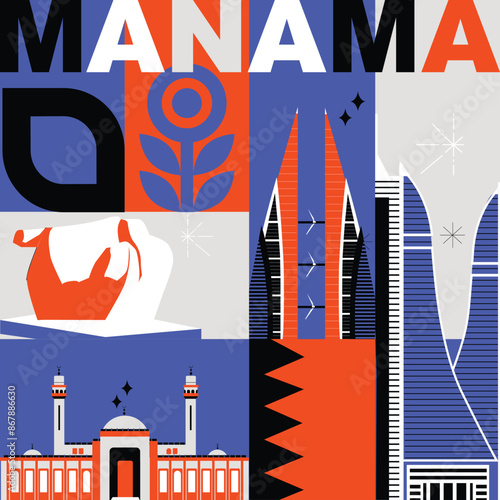 Manama culture travel set, video split screen, famous architecture in flat design. Business travel, tourism concept clipart. Image for presentation, banner, website, advert, flyer, roadmap, icon