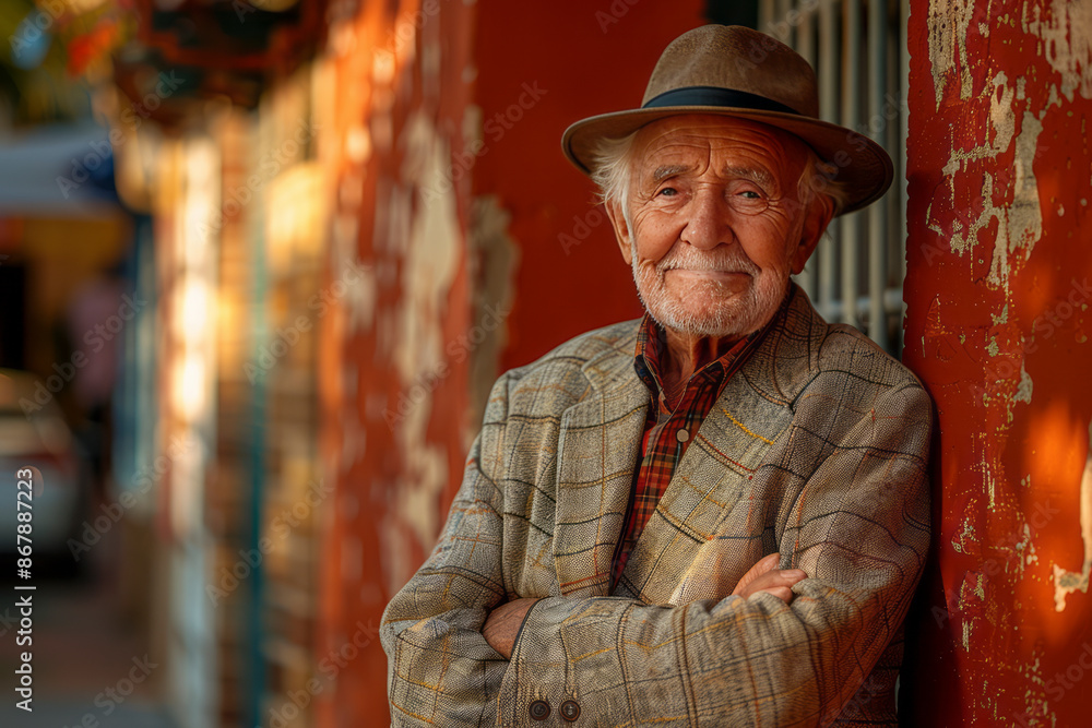 A friendly old man in a beige vest stands against a sunny backdrop, tipping his hat with a cheerful grin. Generative AI A friendly old man in a beige vest stands against a sunny backdrop, tipping his hat with a cheerful grin. Generative AI