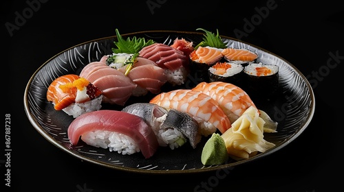 A plate filled with sushi on a black background.