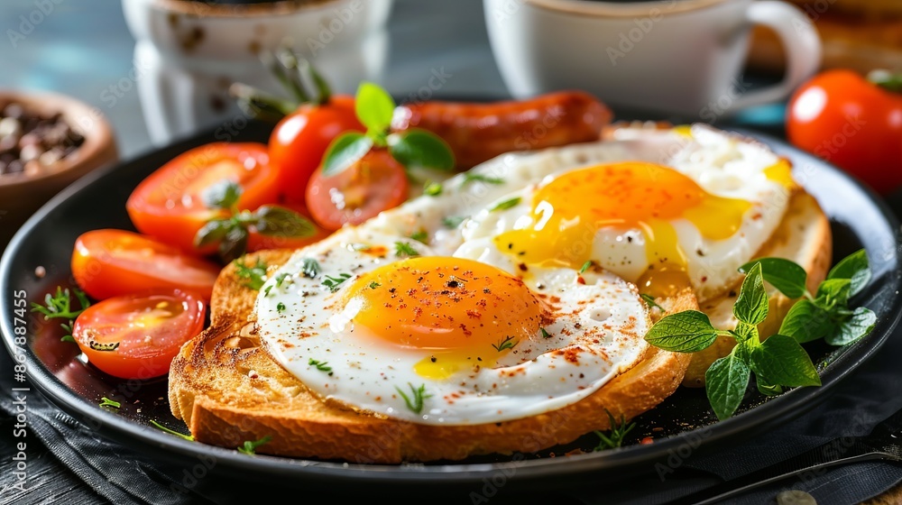 A hearty breakfast featuring eggs, toasted bread, sausage, and fresh vegetables, complemented by a warm cup of coffee, will kickstart your day. A hearty breakfast featuring eggs, toasted bread, sausage, and fresh vegetables, complemented by a warm cup of coffee, will kickstart your day.