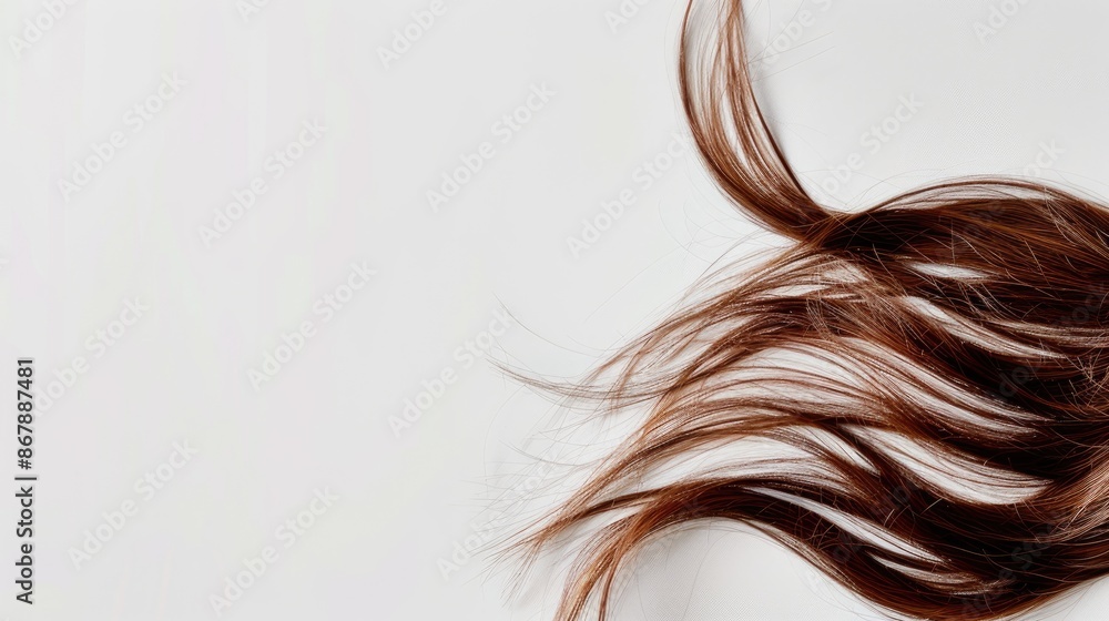 A brown hair strand on a white background with empty space A brown hair strand on a white background with empty space