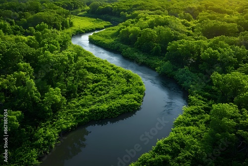 Serene River Flowing Through Lush Green Forest at Sunrise - Nature Landscape for Wall Art, Posters, and Prints © D
