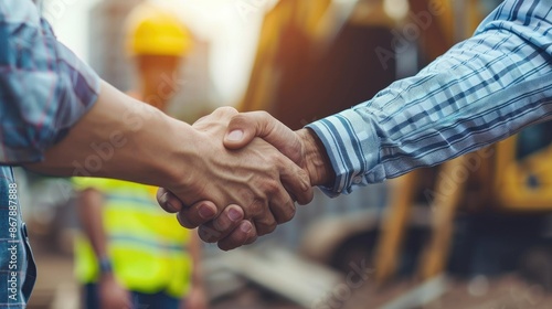 Two construction workers shaking hands over a completed project. photo