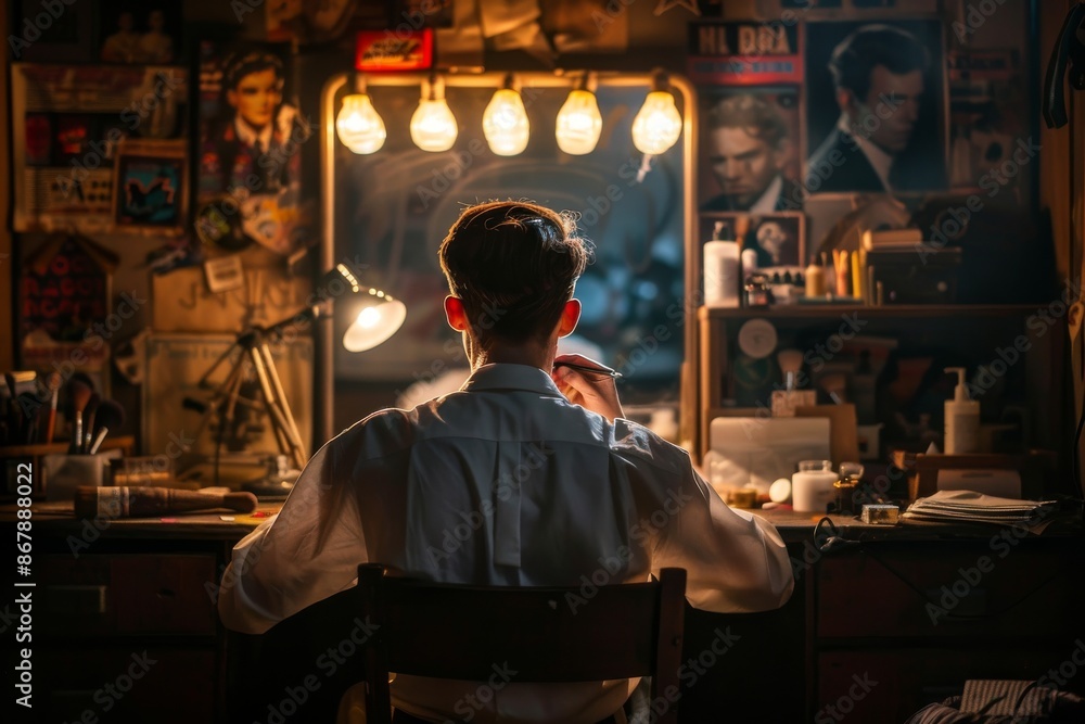Man Sitting at Desk with Back to Camera in a dimly lit room Man Sitting at Desk with Back to Camera in a dimly lit room