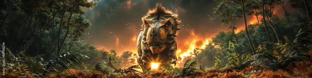 Fototapeta premium panorama view, dinosaur in Jurassic, fantastic giant animal, monster and beast under sunset or sunrise