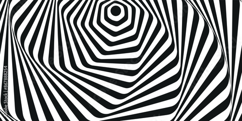 Abstract hypnotic spinning lines background. Black and white tunnel wallpaper. Psychedelic twisted stripes pattern. Rotating spiral knot template for poster, banner, cover. Vector optical illusion