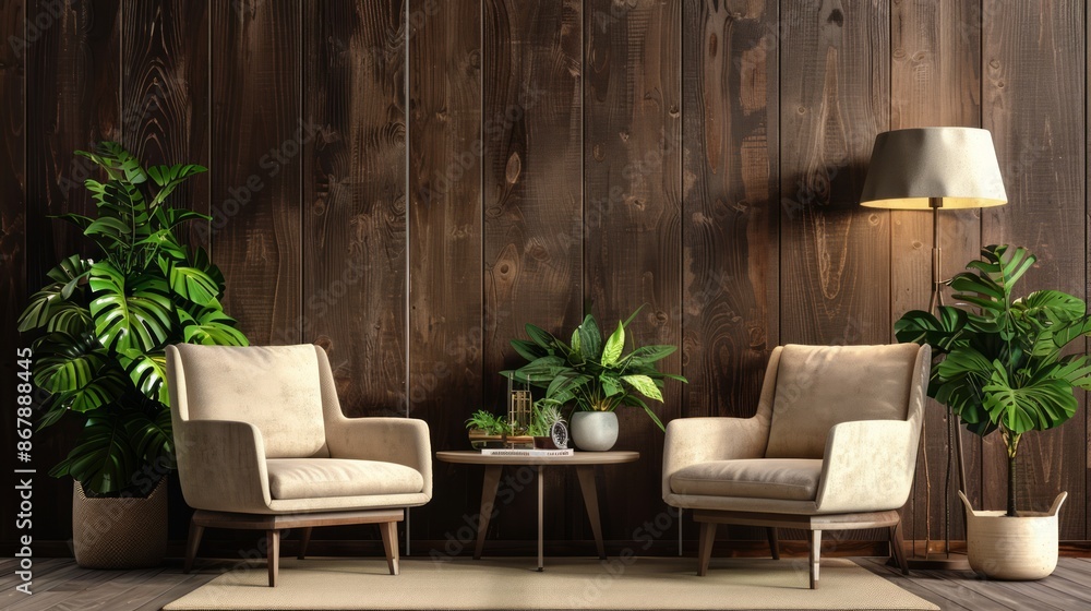 Living room has arm chairs, on empty dark brown wooden wall. Living room has arm chairs, on empty dark brown wooden wall.