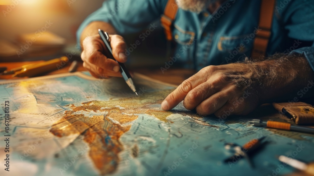 Man planning his travel with map and pen Man planning his travel with map and pen