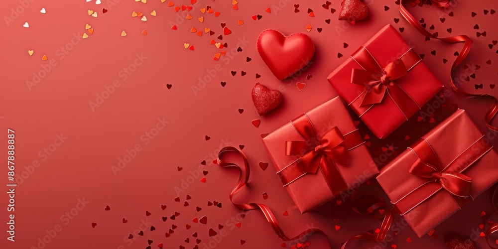 Red gift boxes and heart-shaped chocolates with ribbons on red background with glitter, perfect for celebrations. Red gift boxes and heart-shaped chocolates with ribbons on red background with glitter, perfect for celebrations.