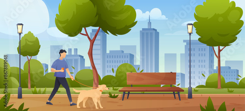 Central city park panorama. Vector illustration of spring summer park with trees, man with dog, bench, walkway road, skyline, town buildings. Natural landscape. Lifestyle concept of public garden