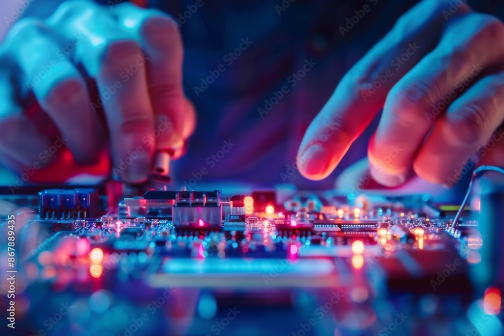 Hands Working on a Circuit Board with Neon Lights Hands Working on a Circuit Board with Neon Lights