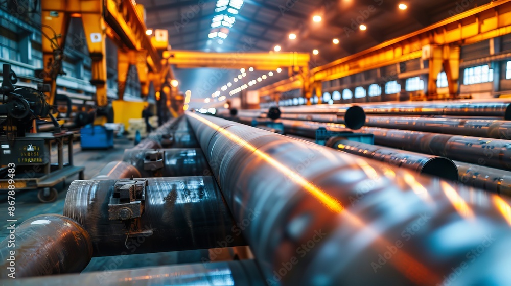 Fototapeta premium Industrial factory interior with giant metal pipes and machinery. Concept of manufacturing, heavy industry, steel production, factory operations
