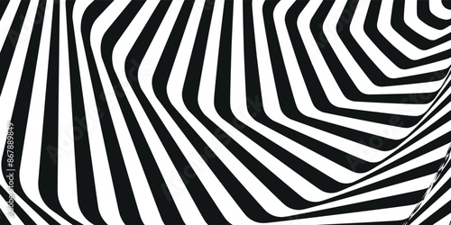 Abstract hypnotic spinning lines background. Black and white tunnel wallpaper. Psychedelic twisted stripes pattern. Rotating spiral knot template for poster, banner, cover. Vector optical illusion