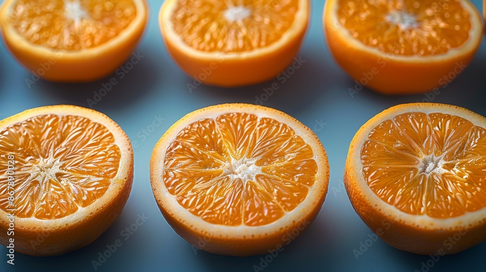 Halved oranges on a blue background, macro photography. Fresh and vibrant citrus fruits concept Halved oranges on a blue background, macro photography. Fresh and vibrant citrus fruits concept