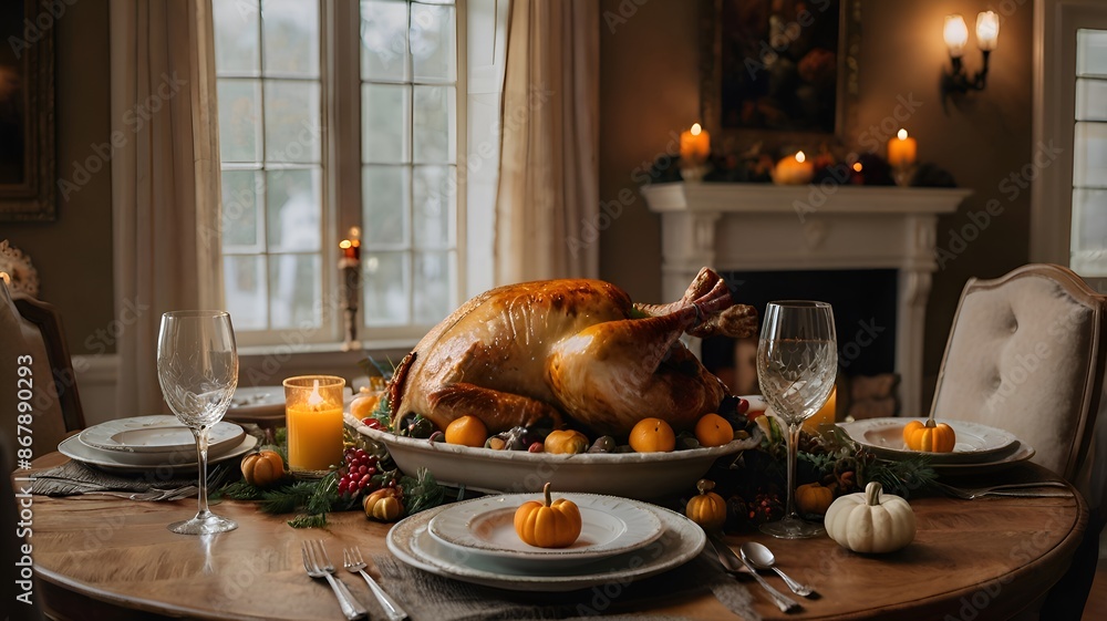 Thanksgiving dinner tablescape. Traditional turkey feasts, pumpkin centerpieces, and festive tableware. Thanksgiving dinner tablescape. Traditional turkey feasts, pumpkin centerpieces, and festive tableware.