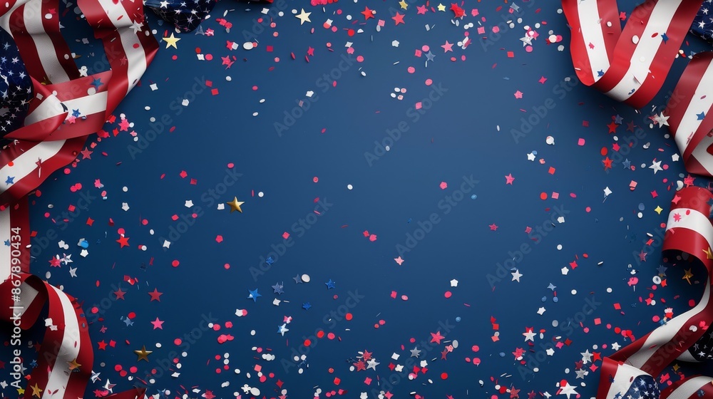 Patriotic background featuring American flags and confetti, perfect for US holidays and celebrations. Patriotic background featuring American flags and confetti, perfect for US holidays and celebrations.