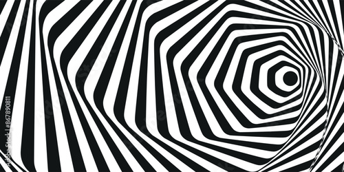 Abstract hypnotic spinning lines background. Black and white tunnel wallpaper. Psychedelic twisted stripes pattern. Rotating spiral knot template for poster, banner, cover. Vector optical illusion