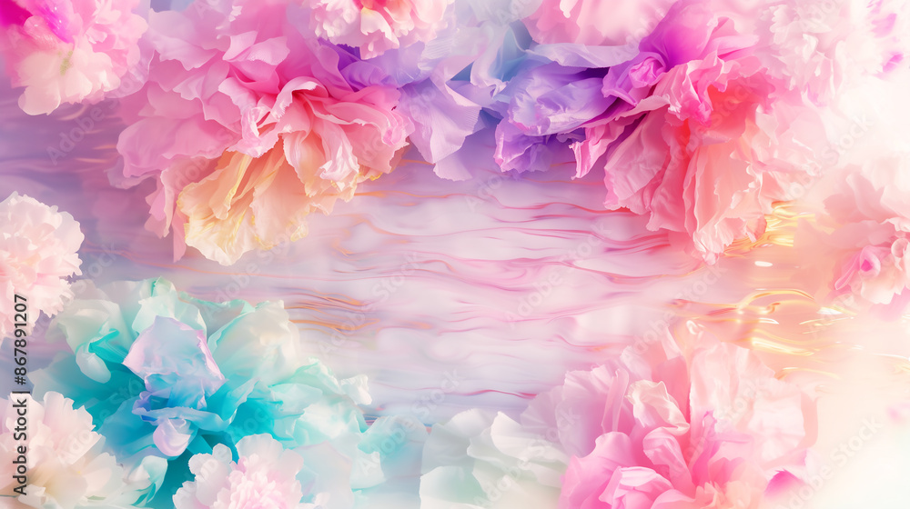 ethereal and dreamy 3d floral background with large, soft petals of flowers in shades of pink, white, and yellow. arranged around a soft, blurred central area, creating a dreamy and romantic scene
ethereal and dreamy 3d floral background with large, soft petals of flowers in shades of pink, white, and yellow. arranged around a soft, blurred central area, creating a dreamy and romantic scene