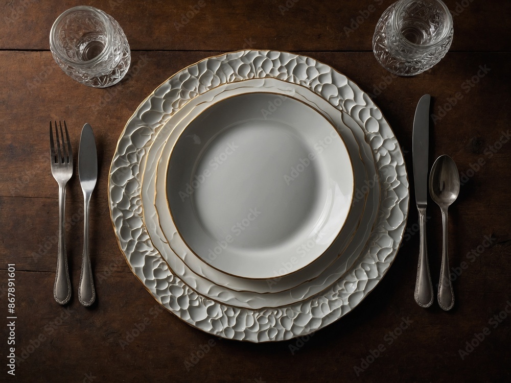 Neatly arranged dining setup on wooden table. Centerpiece stack of three white plates with intricate, textured edges, each slightly smaller than one beneath it. To left of plates, fork, knife,. Neatly arranged dining setup on wooden table. Centerpiece stack of three white plates with intricate, textured edges, each slightly smaller than one beneath it. To left of plates, fork, knife,.