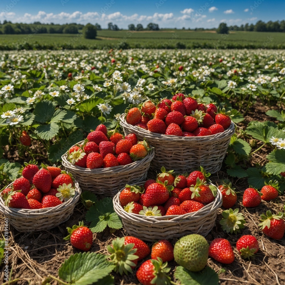 Baskets filled with freshly picked strawberries placed on ground in lush strawberry field. Field abundant with green leaves, white flowers, indicating thriving crop. Sky clear with few clouds. Baskets filled with freshly picked strawberries placed on ground in lush strawberry field. Field abundant with green leaves, white flowers, indicating thriving crop. Sky clear with few clouds.