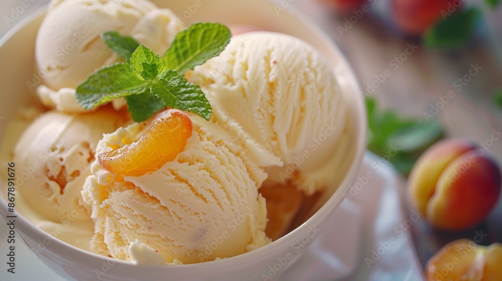 Apricot ice cream with mint, close-up Apricot ice cream with mint, close-up
