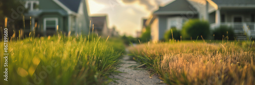 Beautiful Suburban Neighborhood Sidewalk at Sunset, Grass is Greener on the Other Side