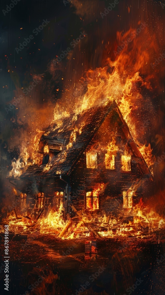 House engulfed in flames during intense fire House engulfed in flames during intense fire