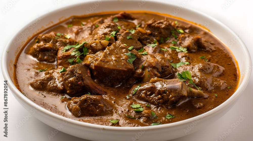 Flavorful mutton korma tender meat pieces in a rich spicy gravy on a white background Flavorful mutton korma tender meat pieces in a rich spicy gravy on a white background