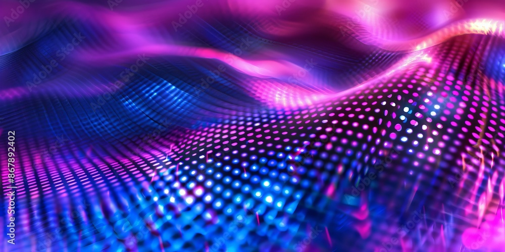 Abstract digital art with neon dot patterns and waves. Concept of futuristic design, technology, light, and digital art. Copy space. Banner. Background Abstract digital art with neon dot patterns and waves. Concept of futuristic design, technology, light, and digital art. Copy space. Banner. Background
