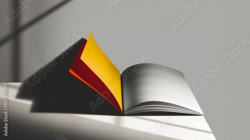 Open black and yellow book with shadow on white table under sunlight photo