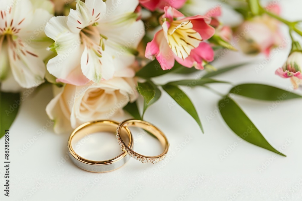 Gold wedding rings with floral arrangement on white background. Studio wedding photography. Marriage and celebration concept for design and print. Generative AI Gold wedding rings with floral arrangement on white background. Studio wedding photography. Marriage and celebration concept for design and print. Generative AI
