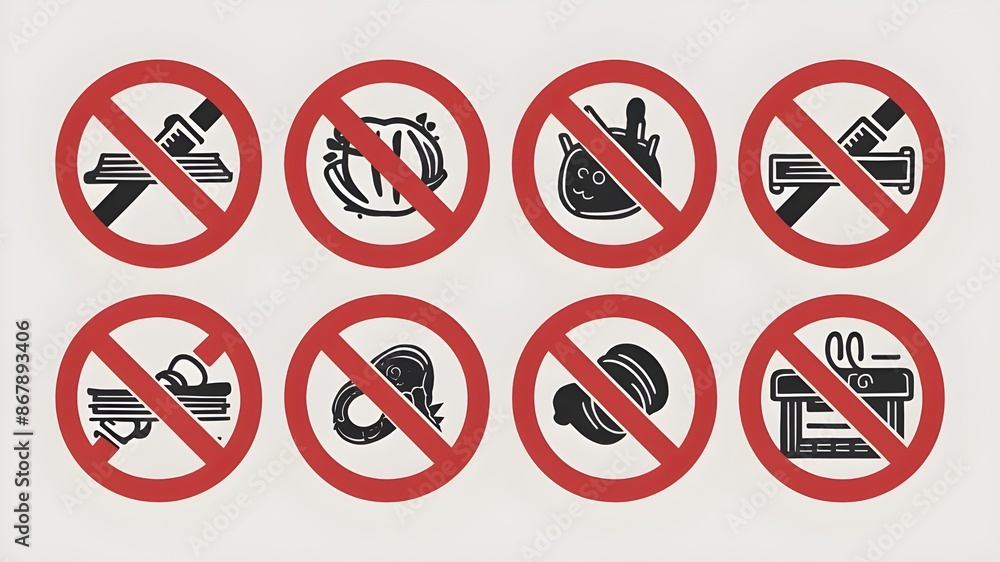 Vector illustration isolated on white backdrop with a set of red prohibition sign icons Vector illustration isolated on white backdrop with a set of red prohibition sign icons