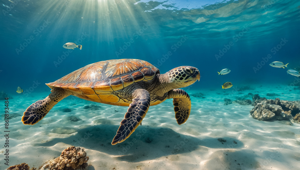 Fototapeta premium Beautiful turtle swims underwater environment