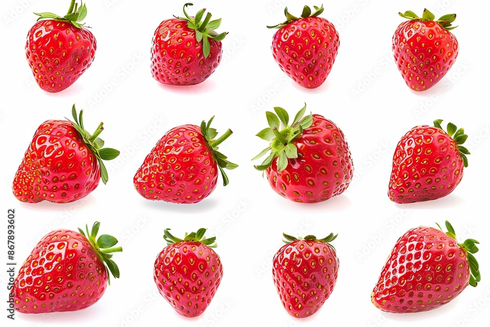 A collection of twelve ripe red strawberries isolated on a white background. The strawberries are arranged in a grid pattern, with each strawberry facing a different direction. Generative AI A collection of twelve ripe red strawberries isolated on a white background. The strawberries are arranged in a grid pattern, with each strawberry facing a different direction. Generative AI