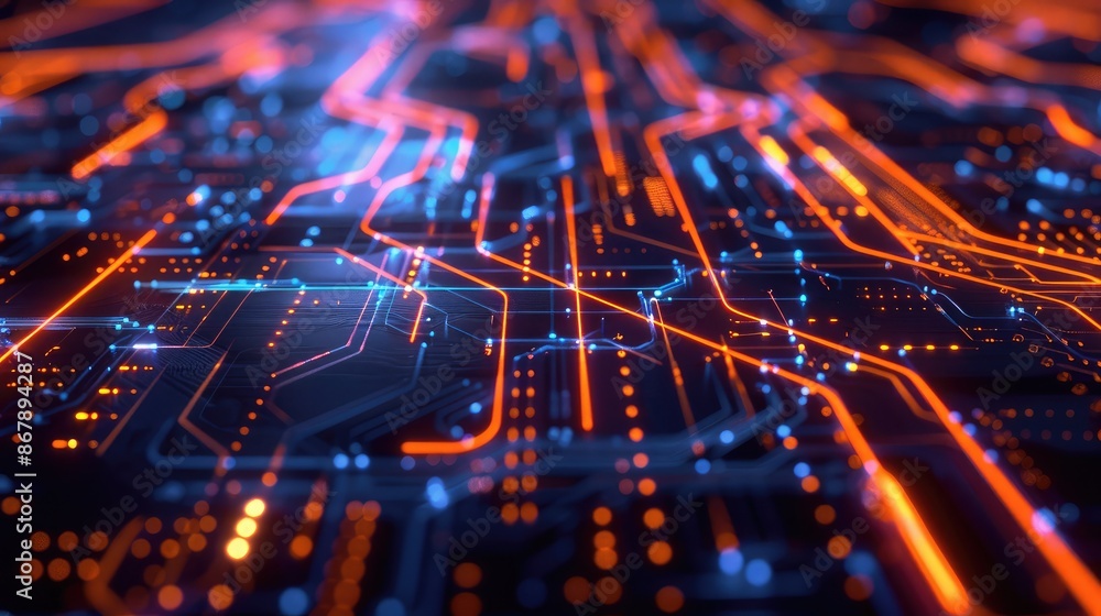 Digital transformation concept with overlapping circuits and glowing elements. Digital transformation concept with overlapping circuits and glowing elements.