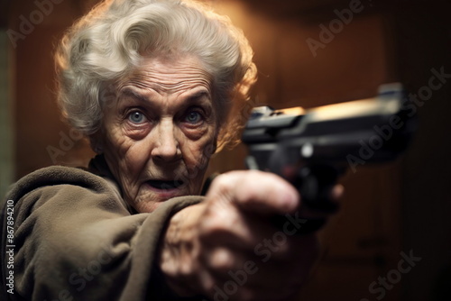 Moment of unexpected drama lady aims her beretta focus. Intensity elderly woman faces potential danger her beretta. Aging and strength face of unexpected challenges.