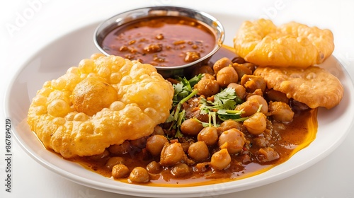 Traditional Pakistani breakfast of halwa puri chana masala on a white background photo