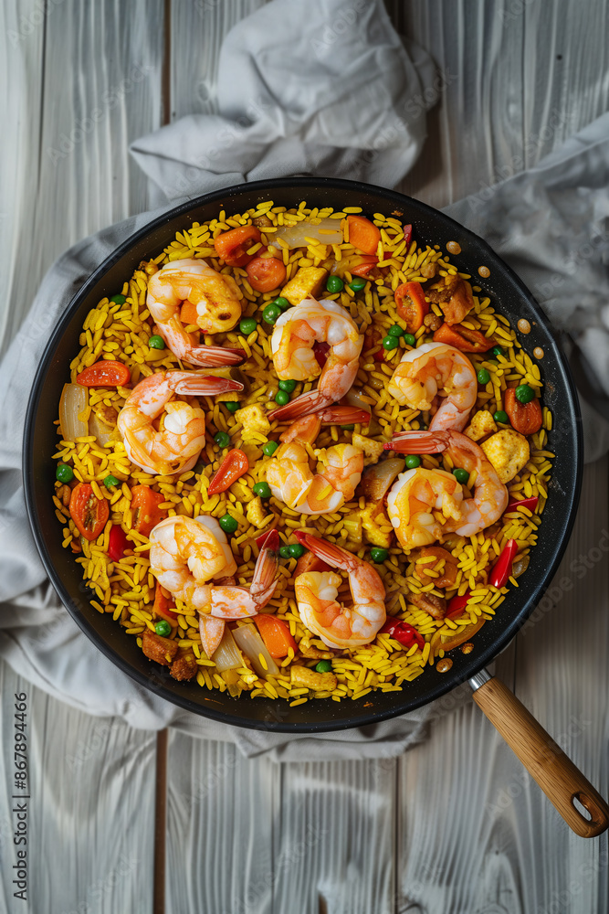 From above paella dish in a pot containing rice and vegetables with seafood. Copy space. From above paella dish in a pot containing rice and vegetables with seafood. Copy space.