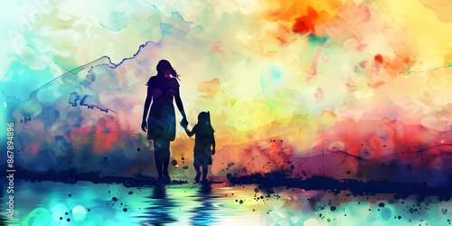 silhouette of woman and child walking on a colorful background, ai generated. photo