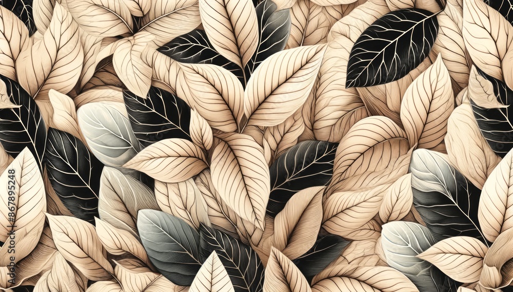 A pattern of elegant beige and black leaves with visible crisp veining in soft pastel, soothing tones. Mock-up of photo wallpaper with a natural motif A pattern of elegant beige and black leaves with visible crisp veining in soft pastel, soothing tones. Mock-up of photo wallpaper with a natural motif