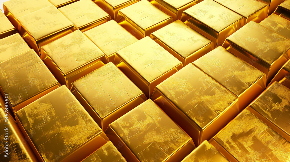Shiny gold bars arranged in a neat, repeating pattern, reflecting light ...