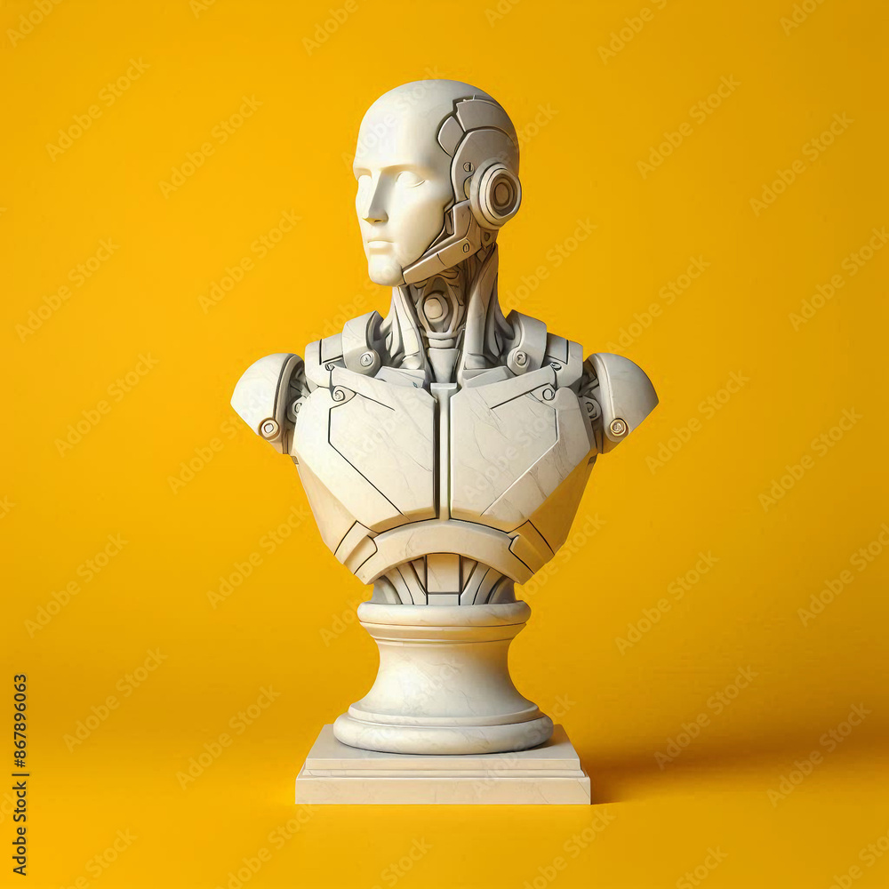 a white marble bust of the robot on a yellow background a white marble bust of the robot on a yellow background