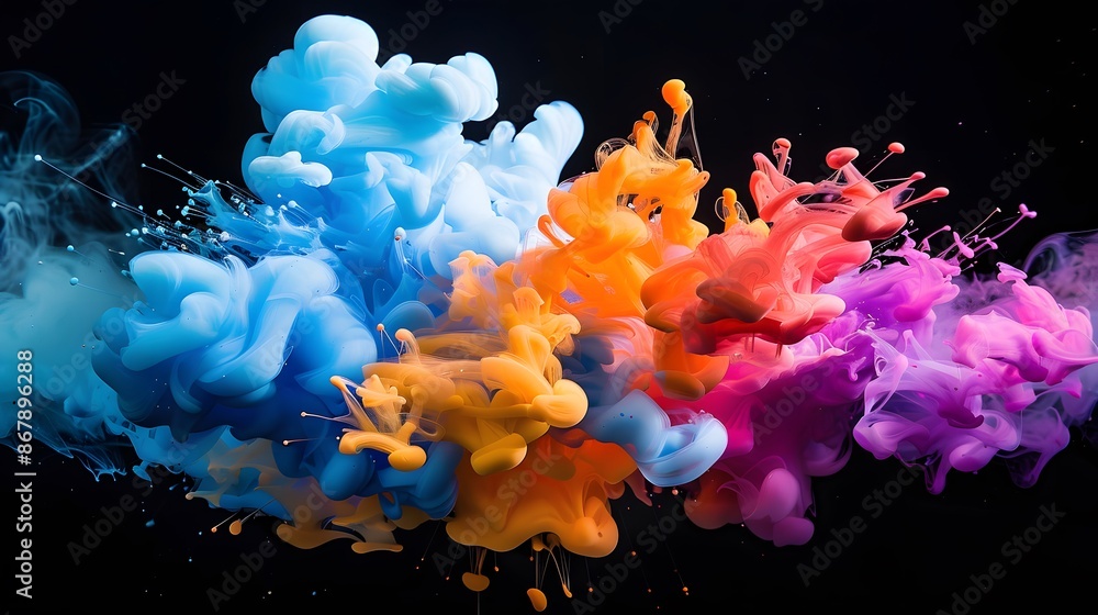 Fototapeta premium Splash of color paint, water or smoke on dark background. Colored splash explosion of multi-colored powder on a dark background.